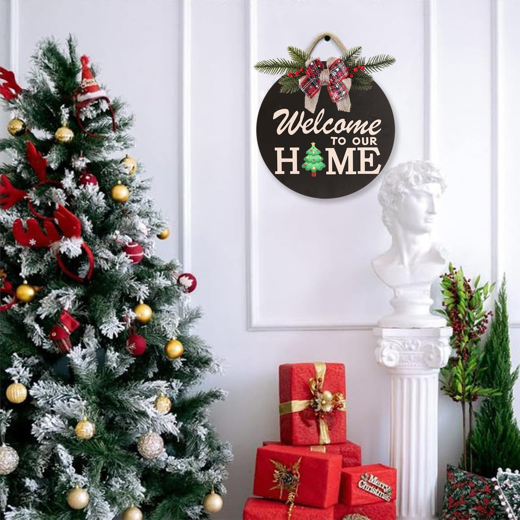 Interchangeable Welcome Sign for Front Door Decoration with 4 Seasonal Wreaths and 14 Holiday Icons, Black Welcome Door Hanger, Rustic Wooden Front Porch Sign Home Décor（Black）