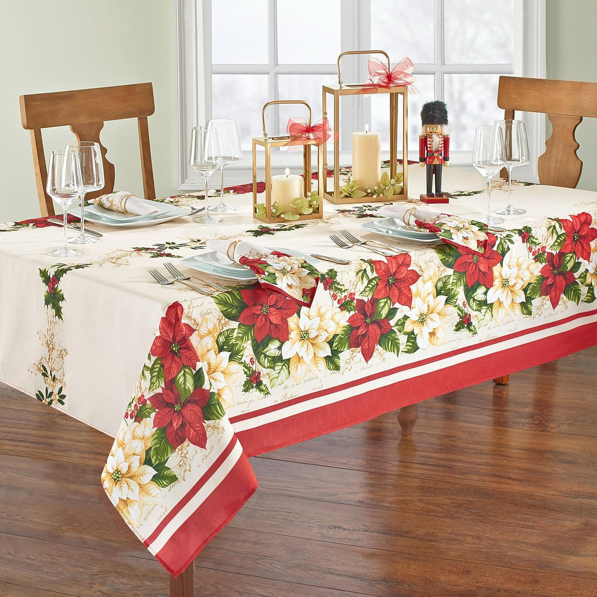 Red and White Poinsettias Tablecloth, Multicolor - 60"W X 120"L