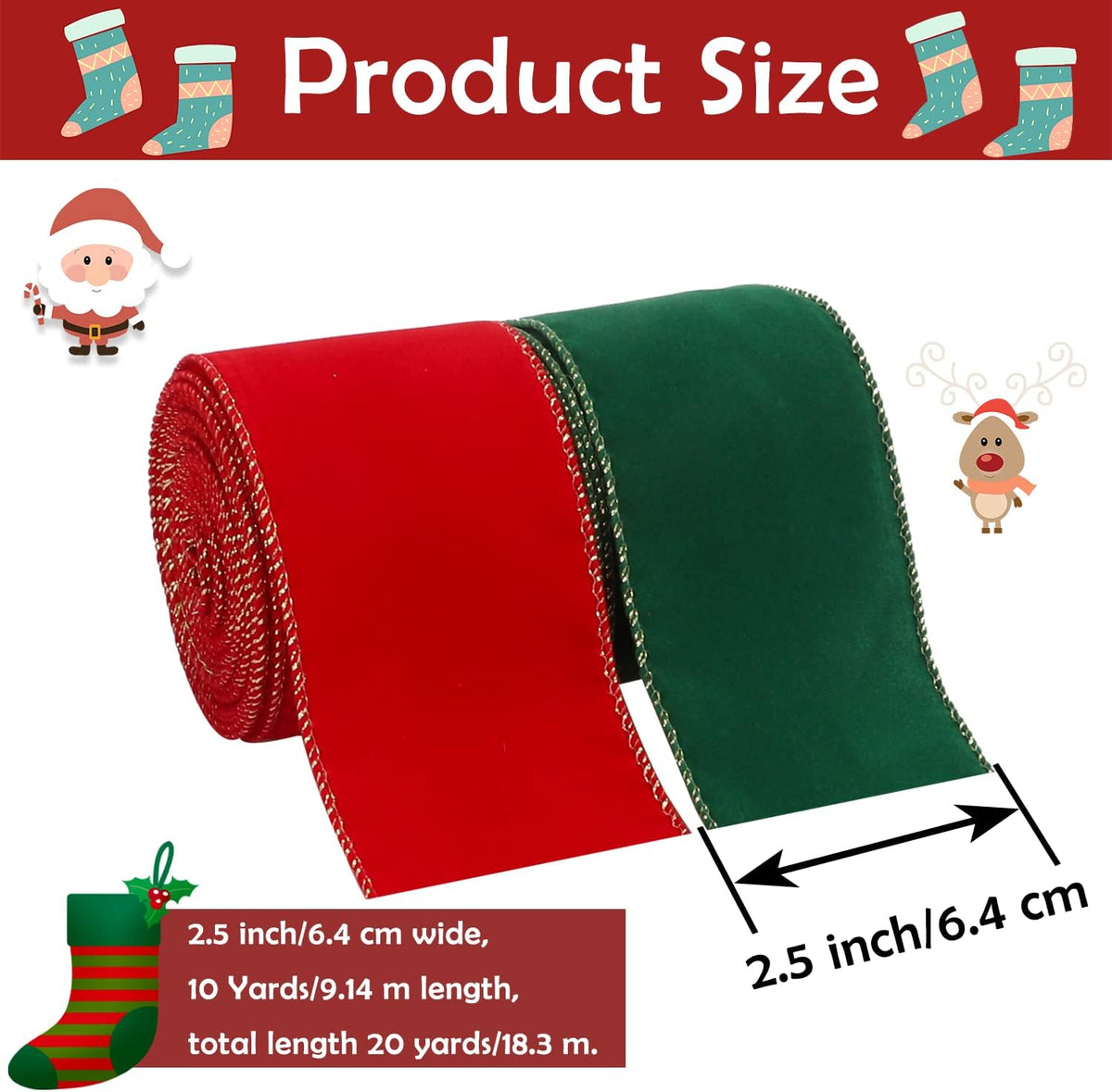 2 Rolls Christmas Velvet Ribbon, 2.5 Inch X 10 Yards Vintage Xmas Wrapping Ribbon with Gold Edge for DIY Craft Home Garland Bow Door Wreath Decorations (Red&Green)