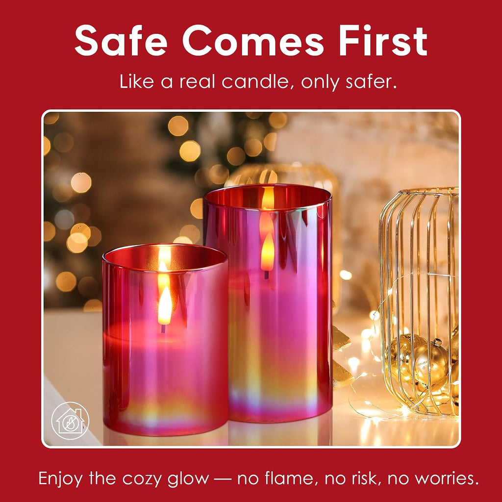 Red Christmas Glass Flameless Pillar Candles with Remote