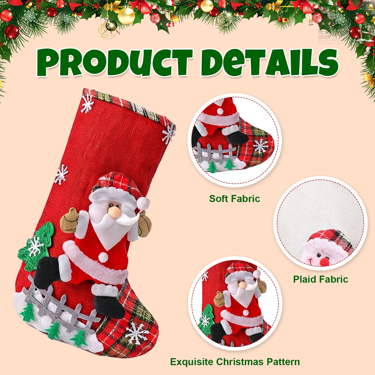 Christmas Stockings, 4 Pack 12 Inches Hanging Stockings with Santa, Snowman, Bear & Reindeer, Christmas Decorations for Family Holiday Party Decorations