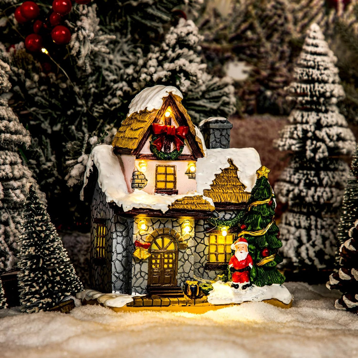 Christmas Village Houses with Warm Light, Battery Operate, Village Accessories Home Tabletop Decoration Xmas Gifts (A)