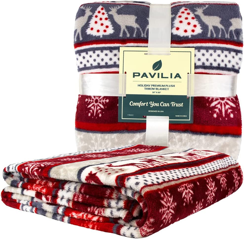 Christmas Reindeer Snowflake Throw Blanket, Red Winter Fleece 50X60