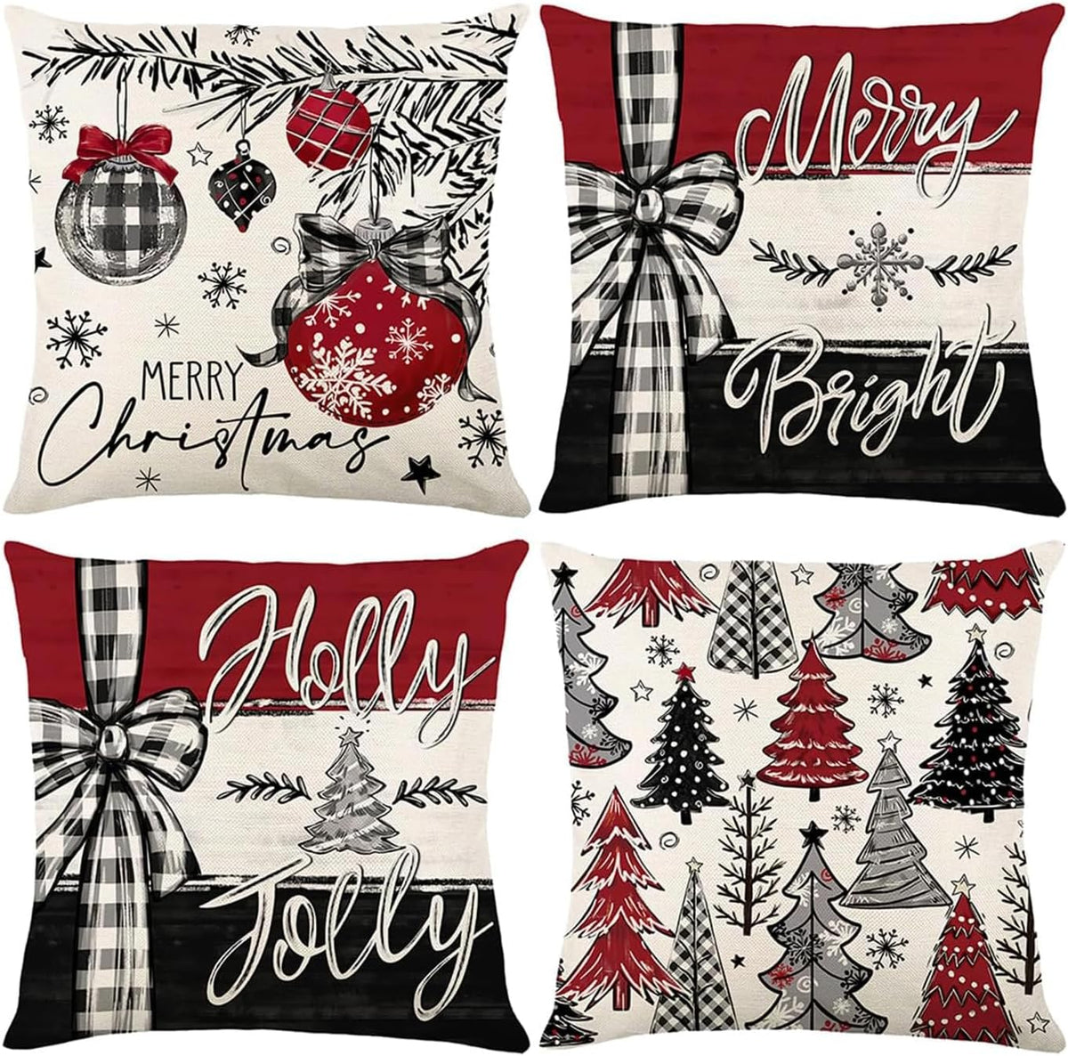Red Merry Christmas Trees Pillow Covers, 18 x 18 in (Set of 4)