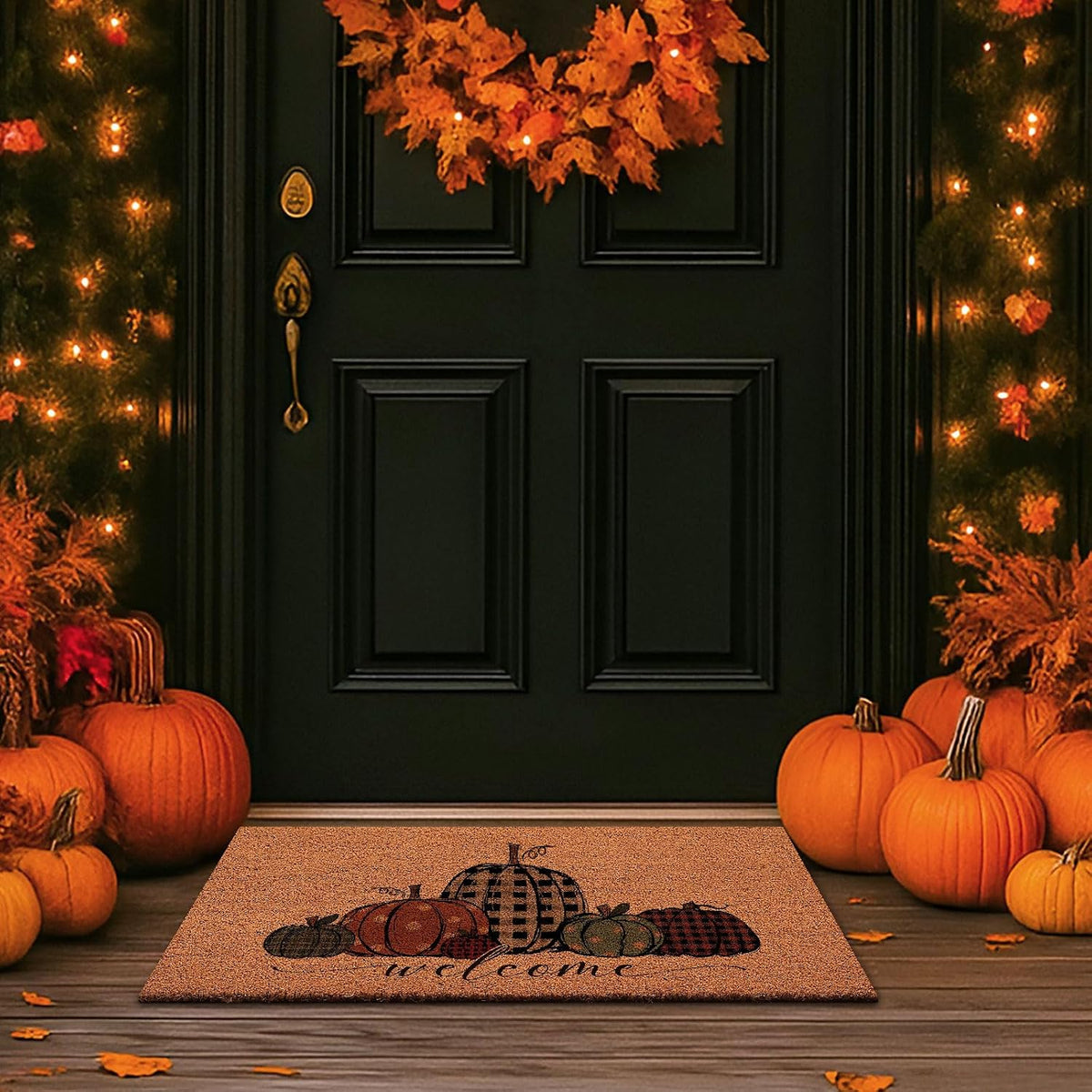 Fall Welcome Natural Coir Door Mat, Fall Pumpkin Coco Front Door Outdoor Doormat outside Entrance Porch Non Slip Rubber Rug for Autumn Harvest Halloween Thanksgiving Farmhouse Decor (30X17 In)