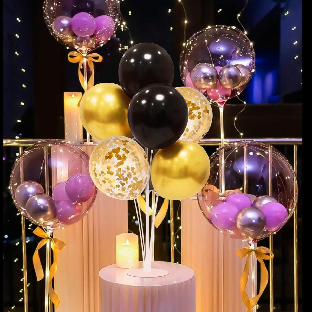 4 Set Black and Gold Balloon Stand Table Centerpieces Party Decor