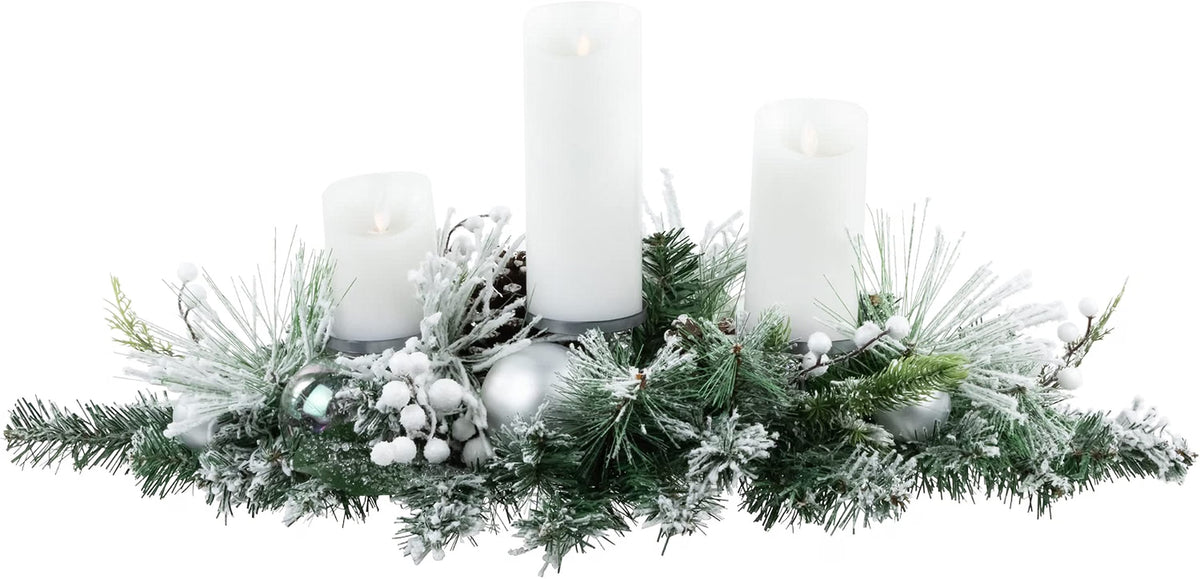 Flocked Pine Triple Candle Holder with Iridescent Christmas Ornaments - 30"