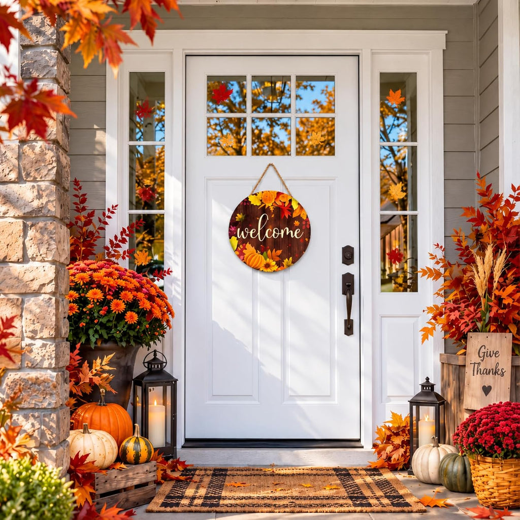 Fall Door Welcome Sign for Front Door Wooden Hanger Fall Home Decor