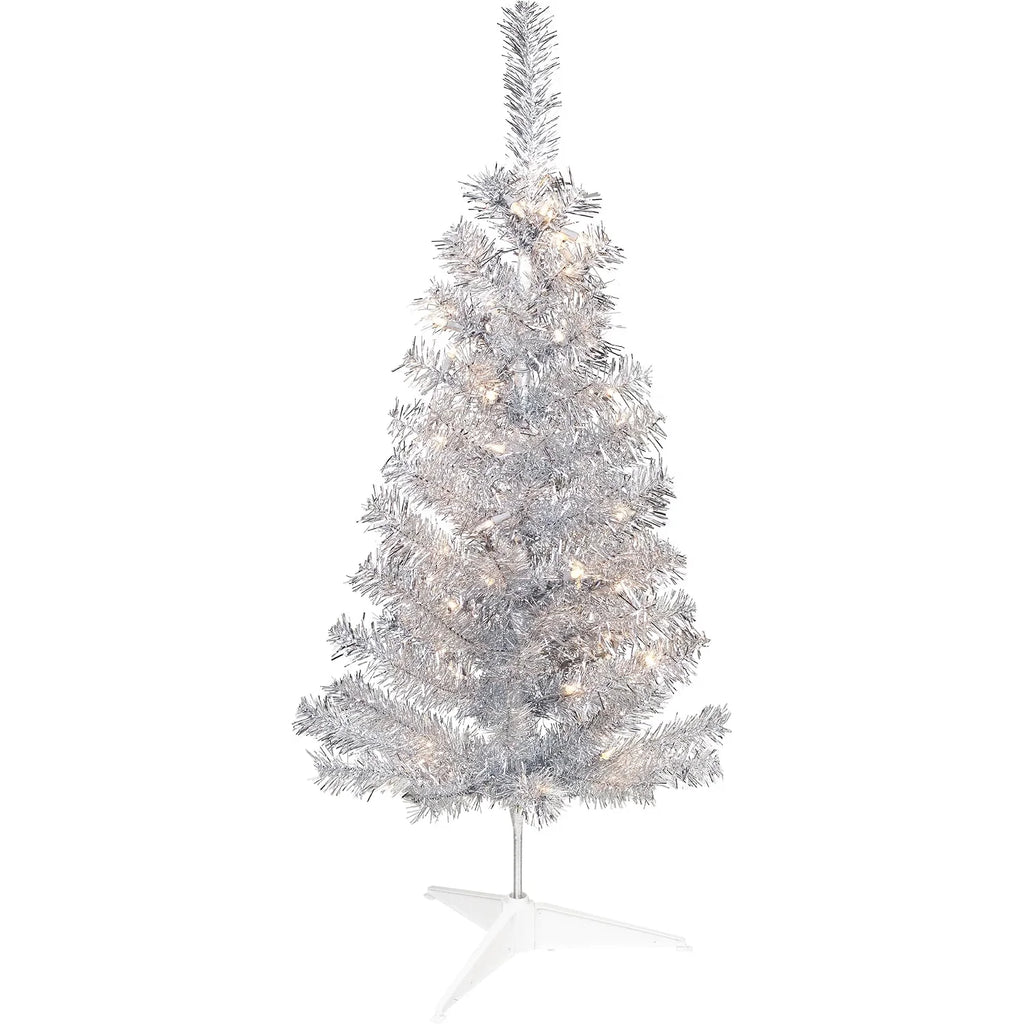 Pre-Lit Silver Tinsel Christmas Tree, 3 ft