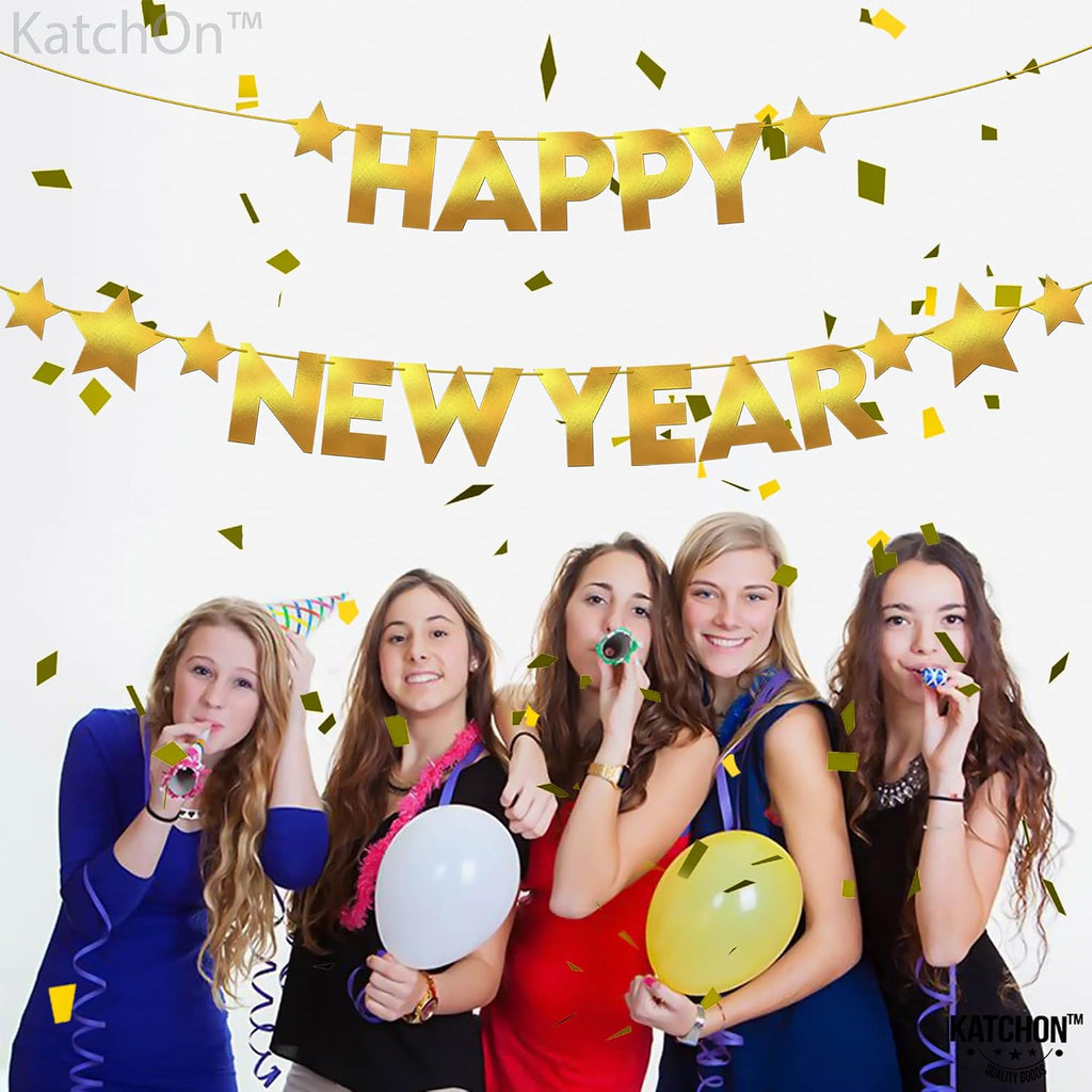 , Gold Happy New Year Banner - 10 Feet, Pre-Strung | Happy New Year Backdrop 2027 with Star for New Years Eve Party Supplies 2027 | New Years Decorations 2027 | NYE Decorations 2027