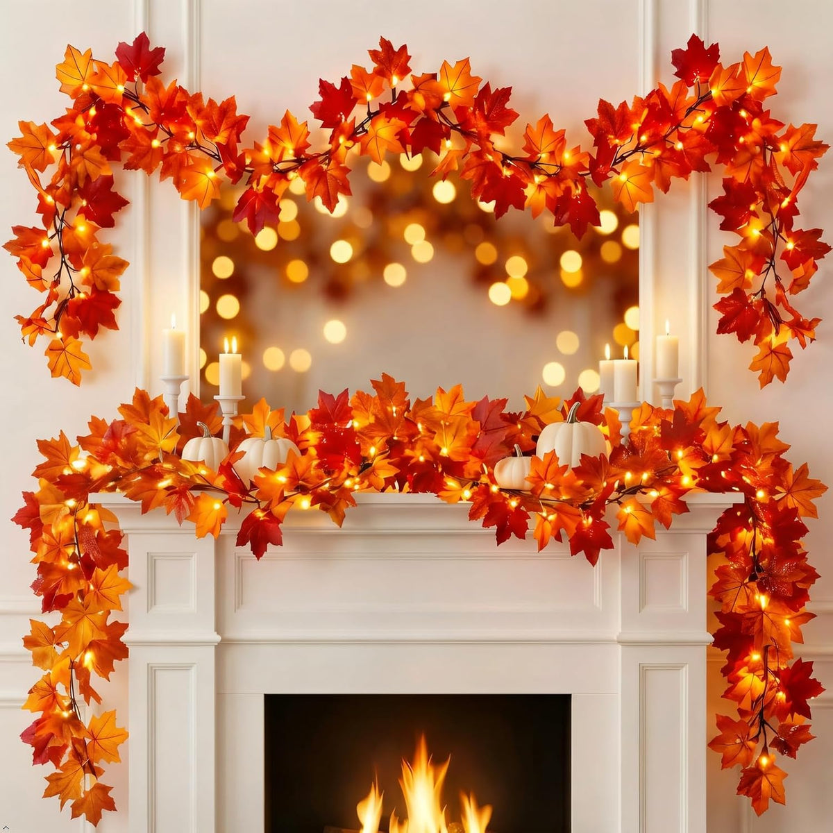 Lighted Fall Maple Leaf Garland, 11 ft Plug-In