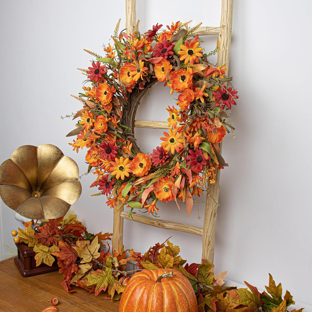 Artificial Fall Wreath 22 Inch Autumn Wreaths for Front Door Orange Daisy Wreath with Wildflowers Berries for Indoor Outdoor Wall Farmhouse Thanksgiving Day Harvest Festival Celebration