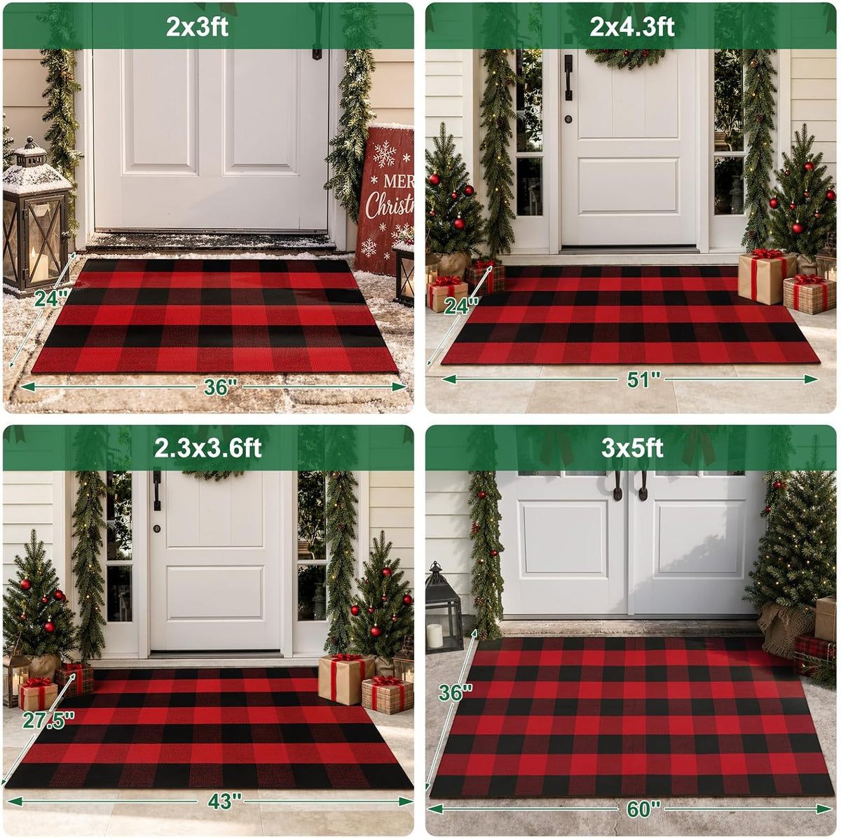 Christmas Door Mat 24"X51" Buffalo Plaid Cotton Washable Outdoor Rug