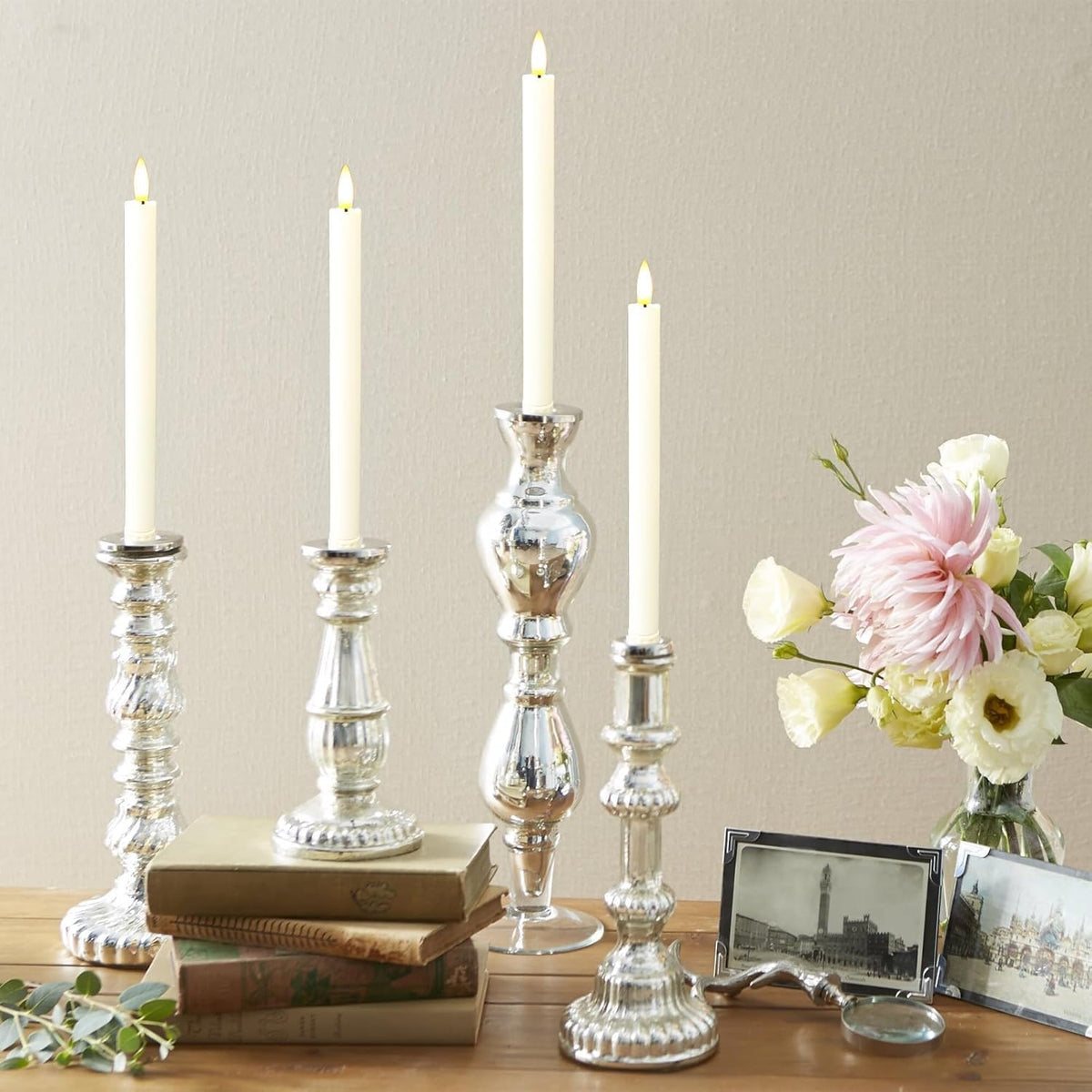6PCS Flameless Taper Candles with 3D Flickering Flame Battery Operated Candles with 2 Remote with Button Cell Battery 10" Ivory LED Candlesticks Window Candle for Christmas Home Decor