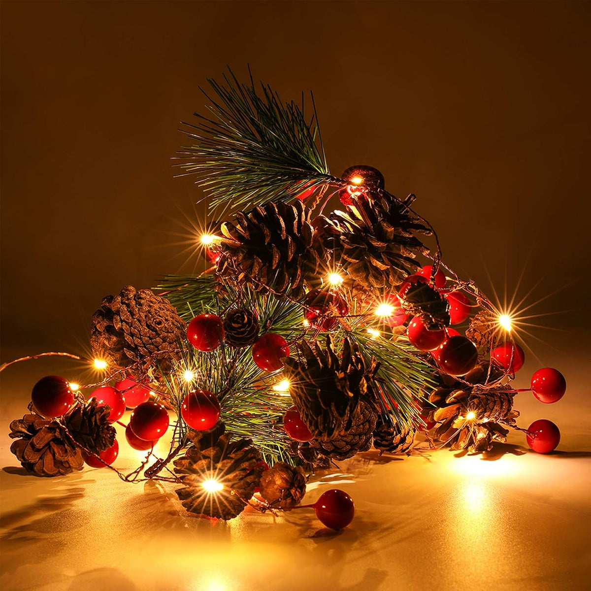 Lighted Red Berry and Pine Cone Christmas Garland, 6.5 ft