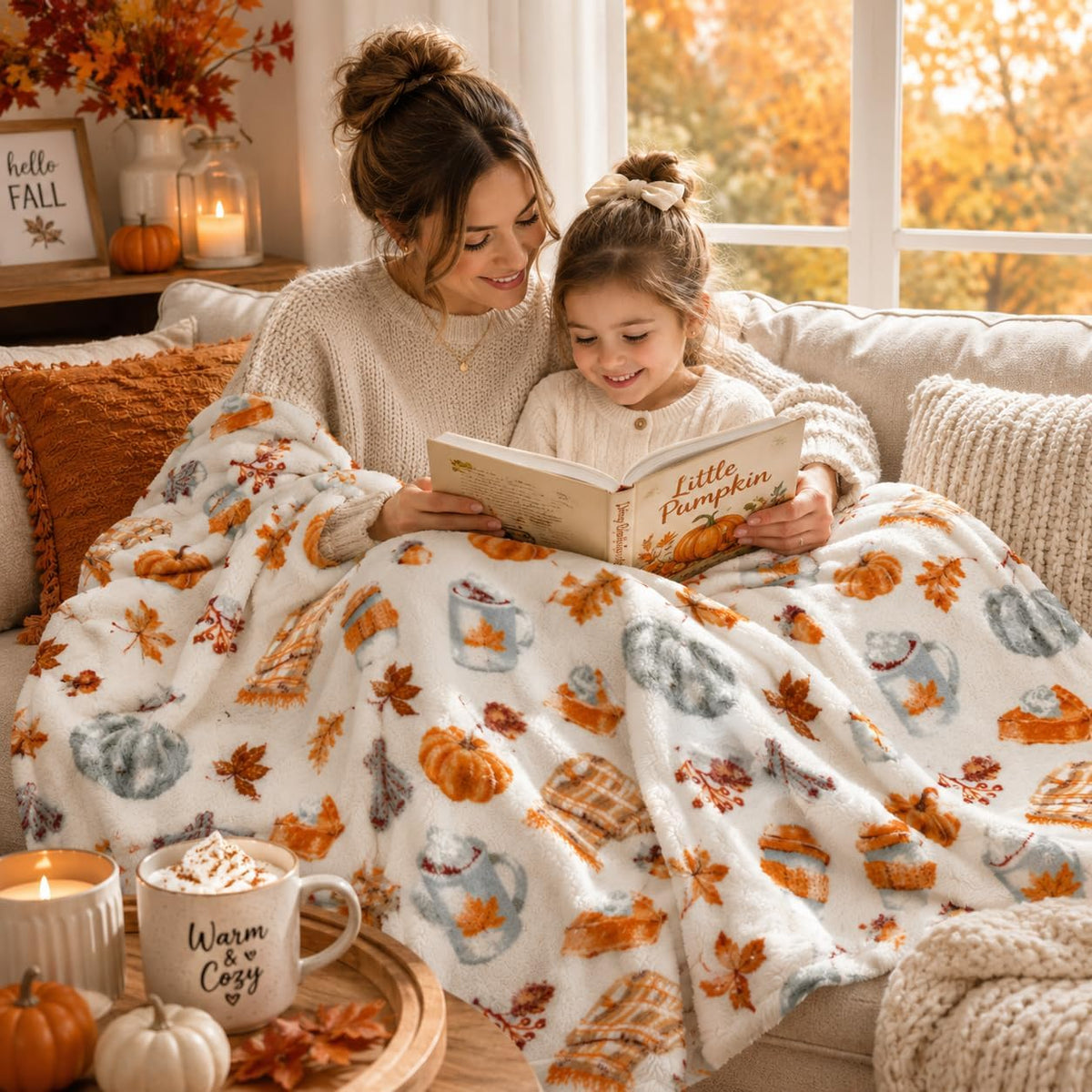 Fall Soft Fleece Throw Blanket, Pumpkin Spice Design, 50X70, Oversized