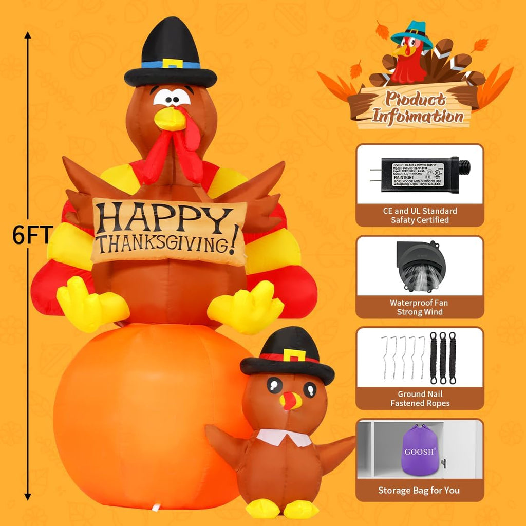 6 FT Thanksgiving Inflatables Turkey Outdoor Decorations Blow up Yard Turkey on Pumpkin with Turkey Baby with Built-In Leds for Indoor Party Garden Lawn Decor