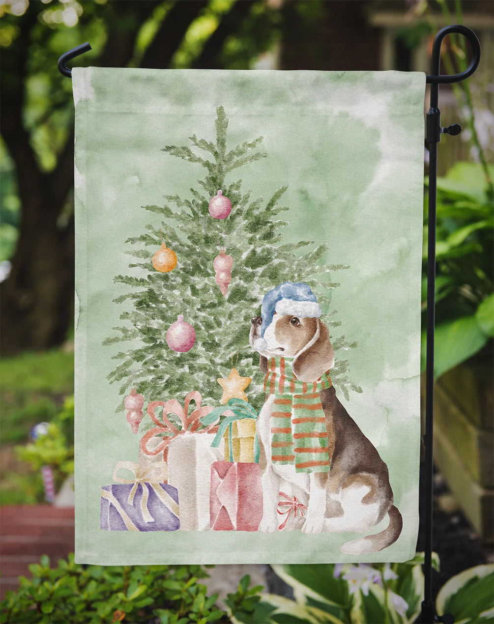 Beagle Christmas Presents and Tree Garden Flag