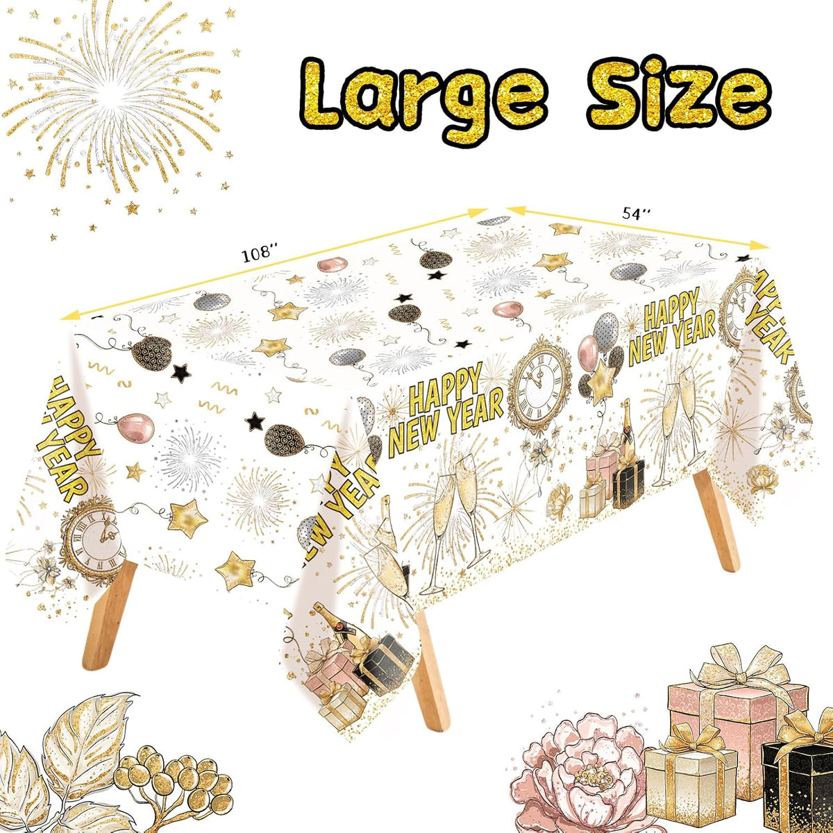 Happy New Year Tablecloths 3 Pack New Years Eve Party Supplies 2027 Gold & White Tablecloths for Rectangle Tables Happy New Year Decorations