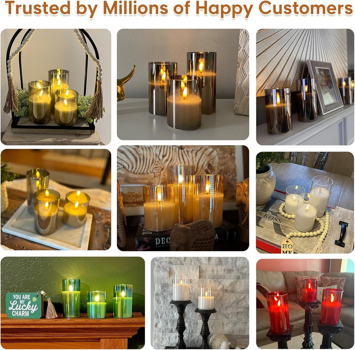 Gold Glass Flameless Pillar Candles with Remote, Flickering Fall LED Candles Battery Operated Set of 3
