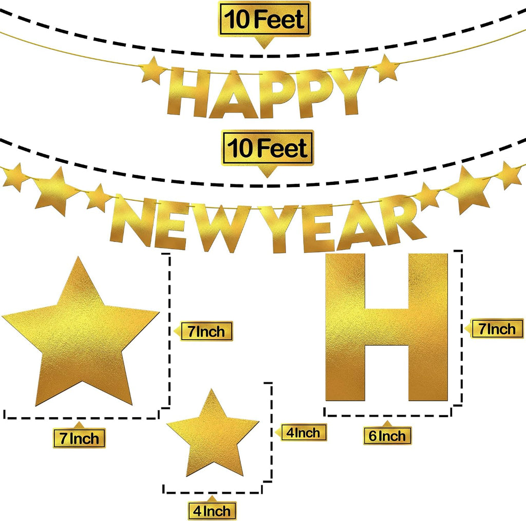 , Gold Happy New Year Banner - 10 Feet, Pre-Strung | Happy New Year Backdrop 2027 with Star for New Years Eve Party Supplies 2027 | New Years Decorations 2027 | NYE Decorations 2027
