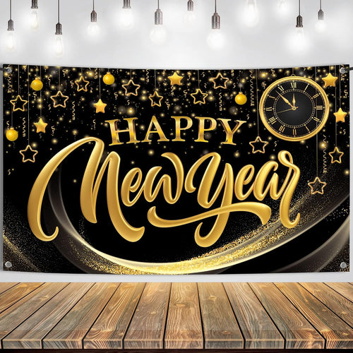 Black & Gold Happy New Year Backdrop Banner, 72 x 44 Inch