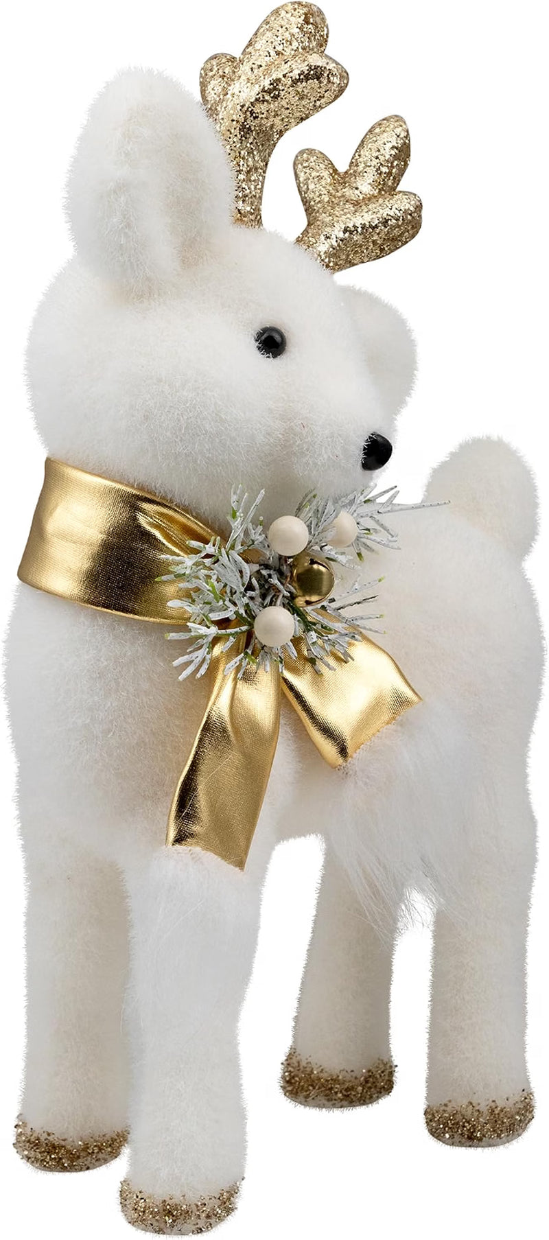 Glittered Standing Deer with Jingle Bell Christmas Figure - 12.25" - White and Gold