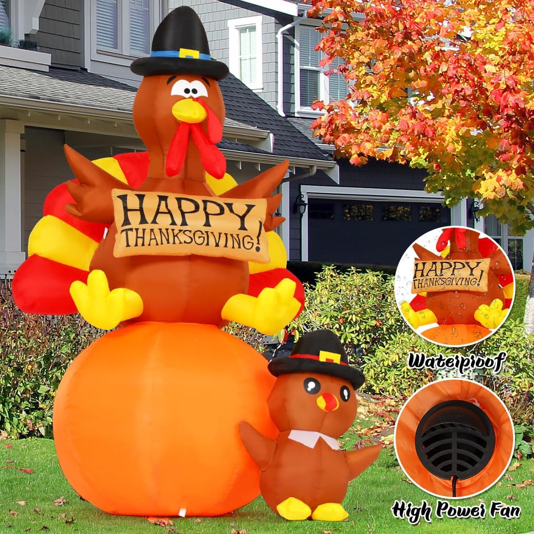 6 FT Thanksgiving Inflatables Turkey Outdoor Decorations Blow up Yard Turkey on Pumpkin with Turkey Baby with Built-In Leds for Indoor Party Garden Lawn Decor