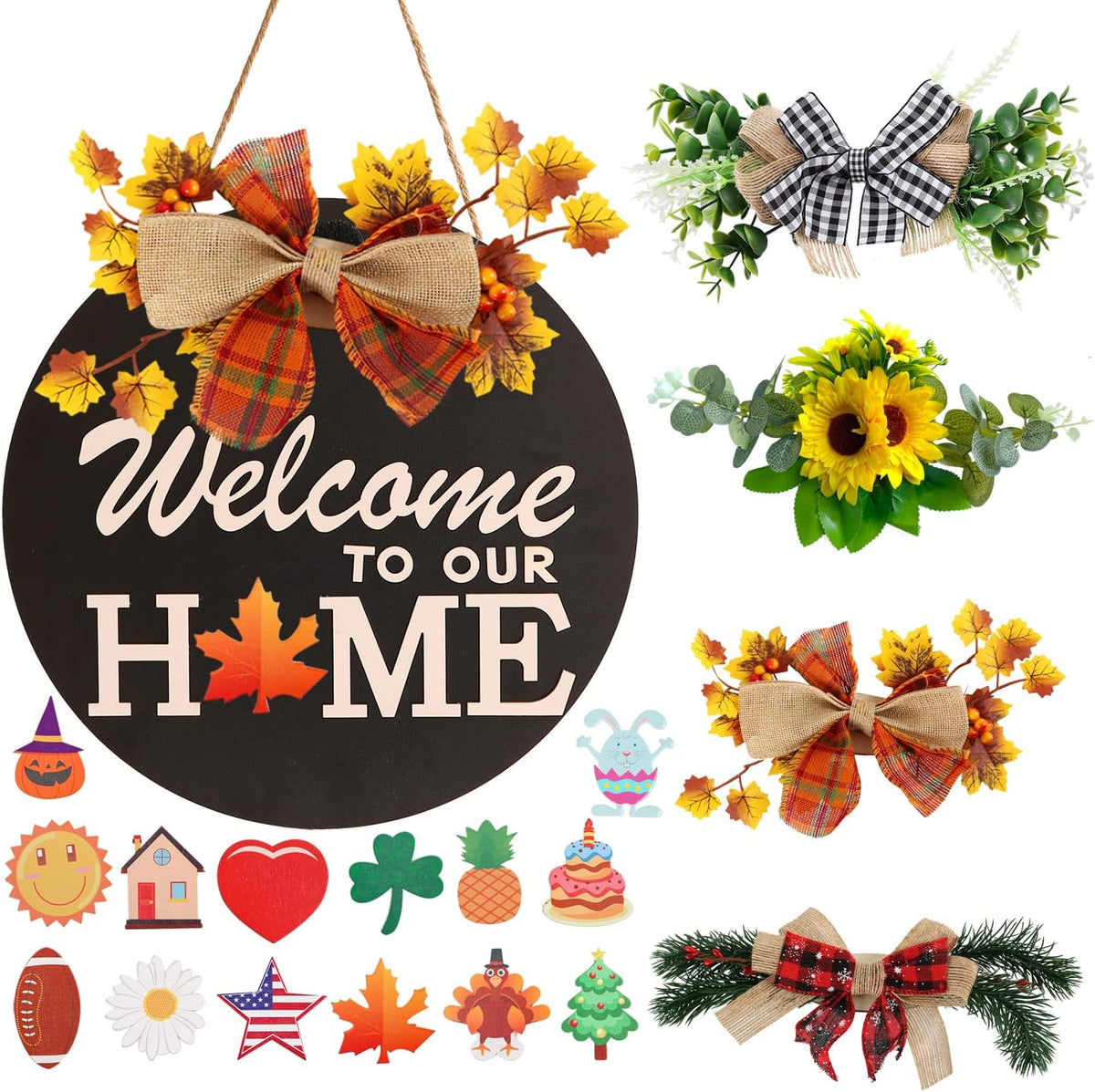 Interchangeable Welcome Sign with 4 Seasonal Wreaths and 14 Holiday Icons