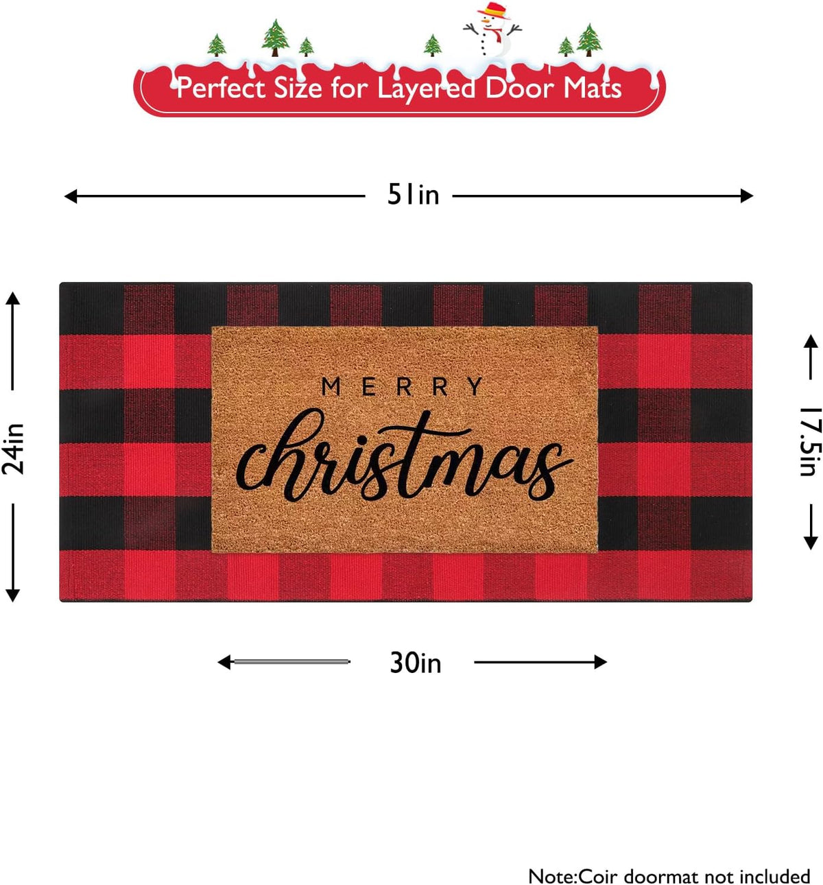 Christmas Door Mat 24"X51" Buffalo Plaid Cotton Washable Outdoor Rug
