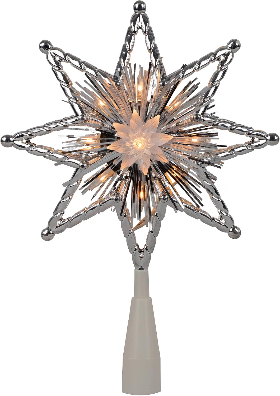 Lighted Silver Tinsel Star Tree Topper, 8 Inch