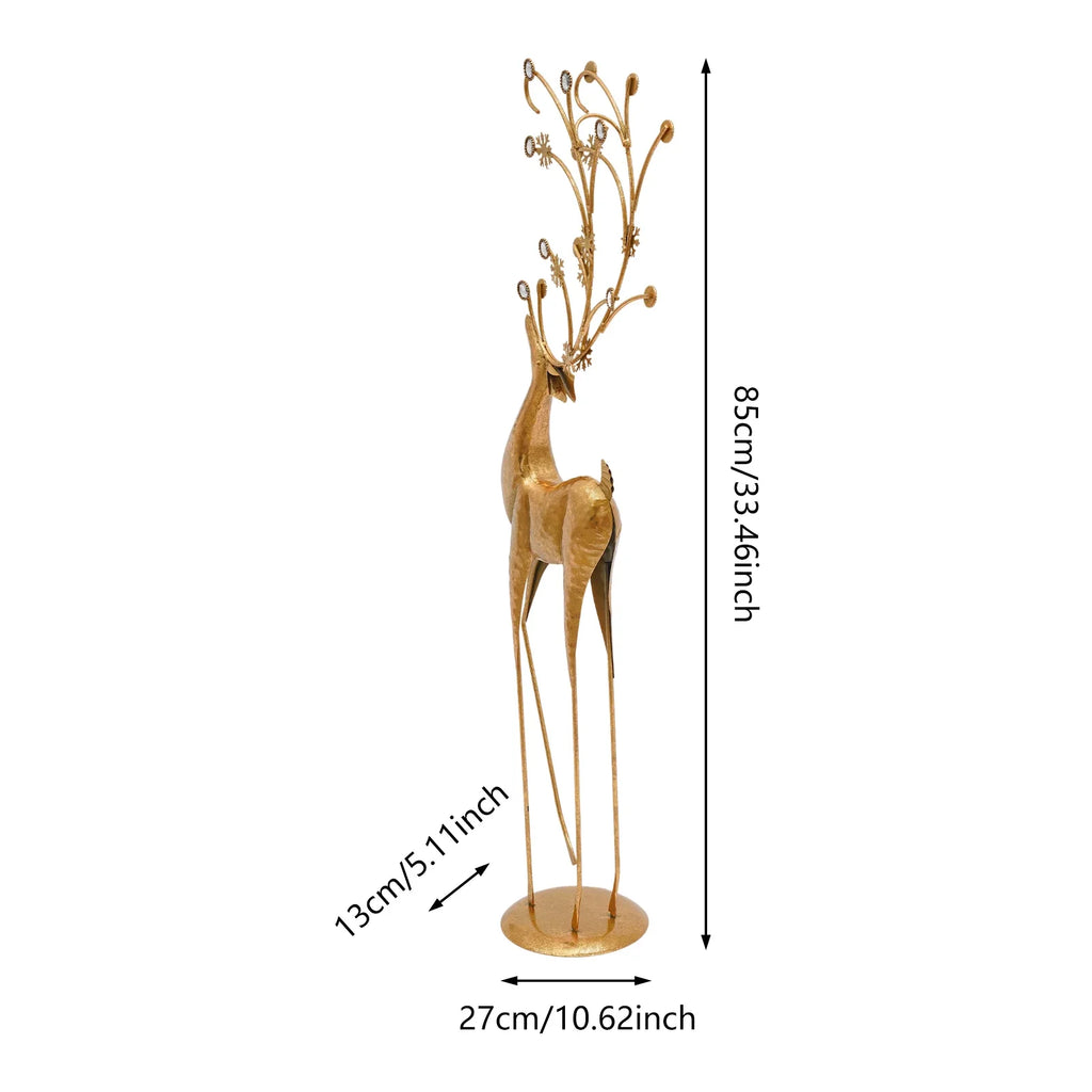 Retro Gold Deer Statue Metal Reindeer Figurines Modern Elegant Indoor Holiday Decor Statue for Homes Offices Cafés Star Hotels 27*13*85Cm/10.63*5.12*33.46In