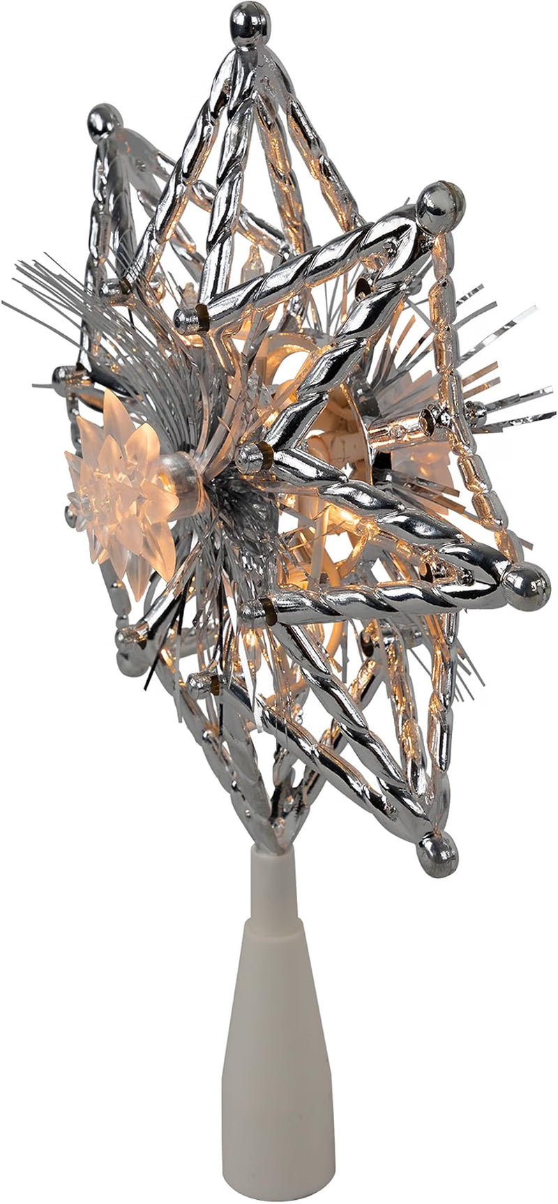 8" Lighted Silver Tinsel Star Christmas Tree Topper - Clear Lights, White Wire
