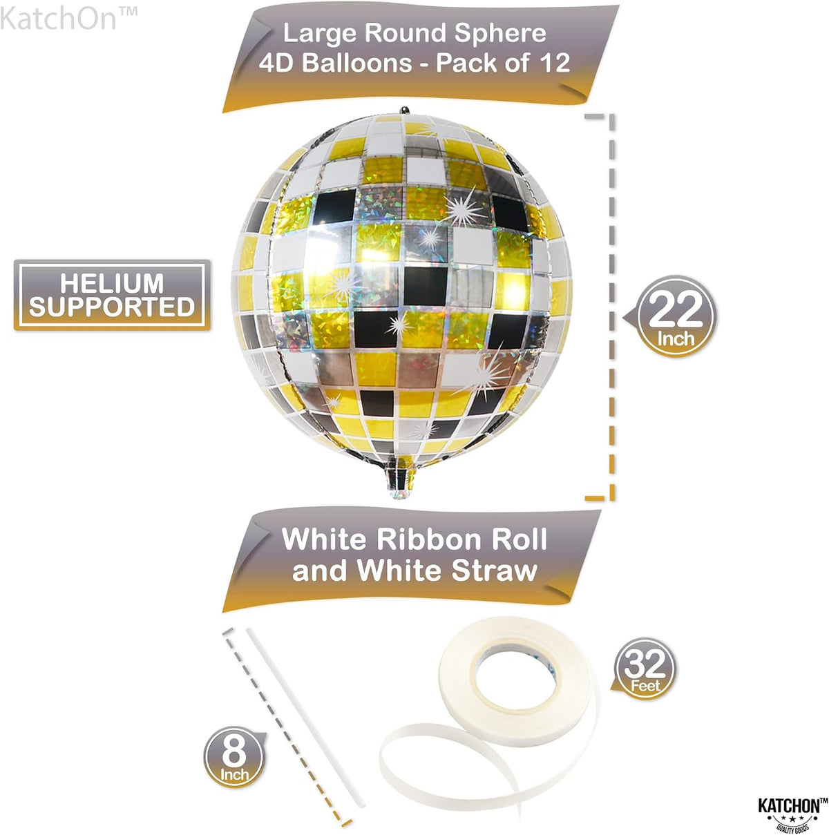 , Shiny Disco Ball Foil Balloons - Big 22 Inch, Pack of 12