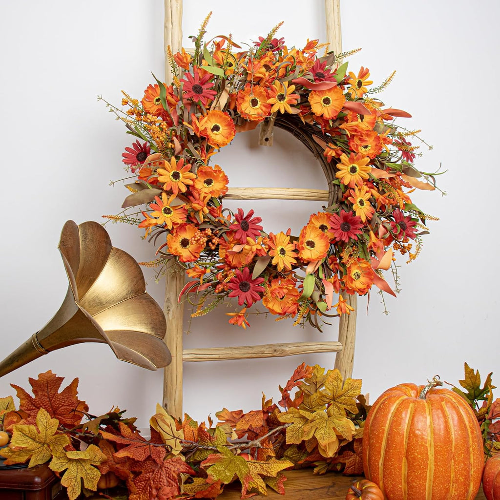 Artificial Fall Wreath 22 Inch Autumn Wreaths for Front Door Orange Daisy Wreath with Wildflowers Berries for Indoor Outdoor Wall Farmhouse Thanksgiving Day Harvest Festival Celebration