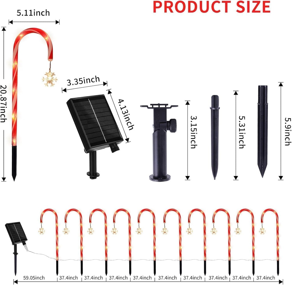 10 Pack Solar Candy Cane Pathway Lights, Warm White Christmas Decor