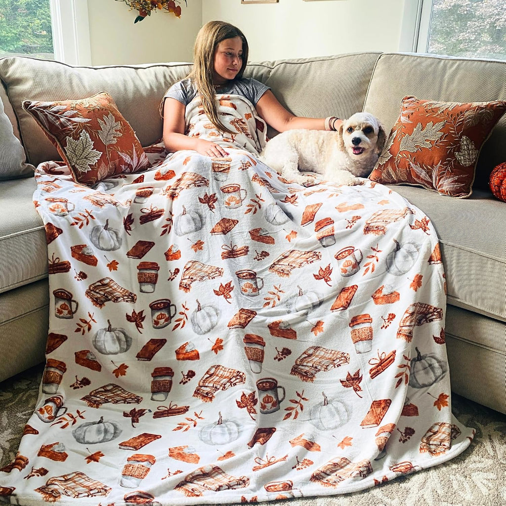 Fall Soft Fleece Throw Blanket, Pumpkin Spice Design, 50X70, Oversized