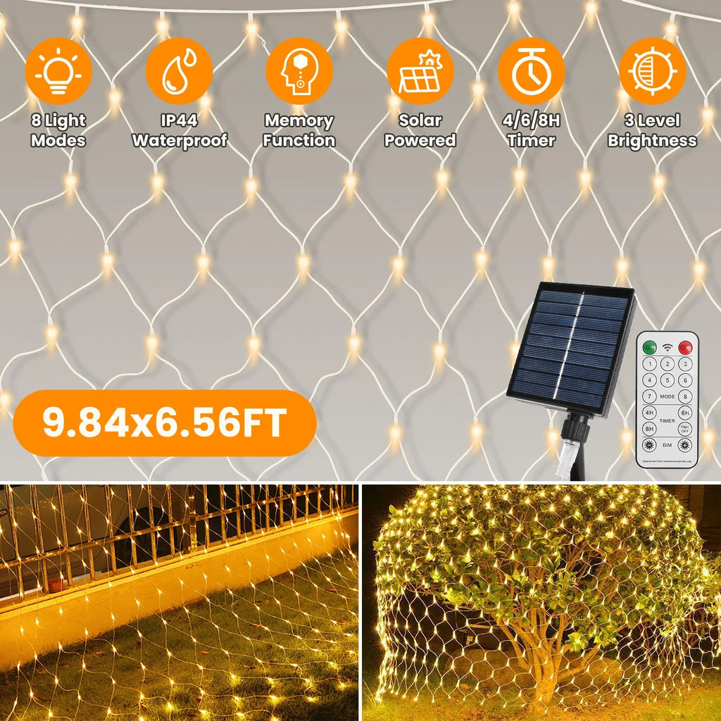 Solar Christmas Net Lights for Bushes, 192 LED, 9.8 x 6.6 ft