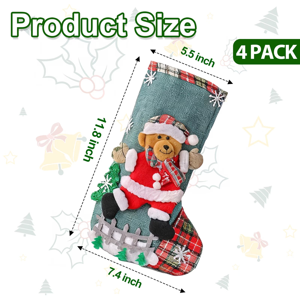 Christmas Stockings, 4 Pack 12 Inches Hanging Stockings with Santa, Snowman, Bear & Reindeer, Christmas Decorations for Family Holiday Party Decorations