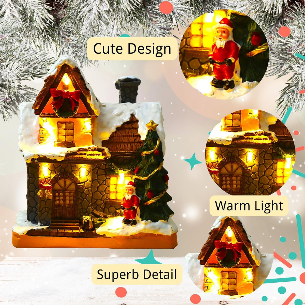 Christmas Village Houses with Warm Light, Battery Operate, Village Accessories Home Tabletop Decoration Xmas Gifts (A)