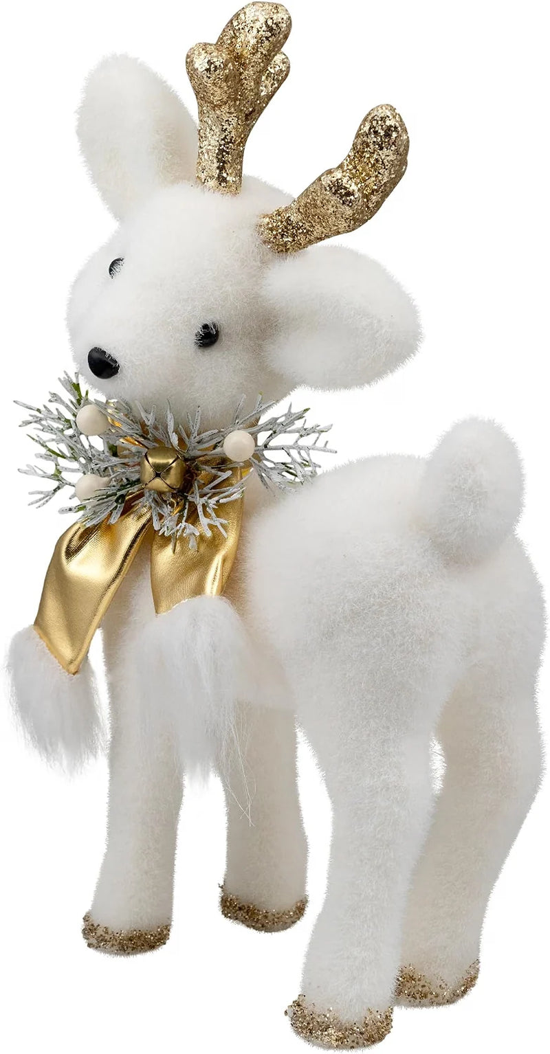 Glittered Standing Deer with Jingle Bell Christmas Figure - 12.25" - White and Gold