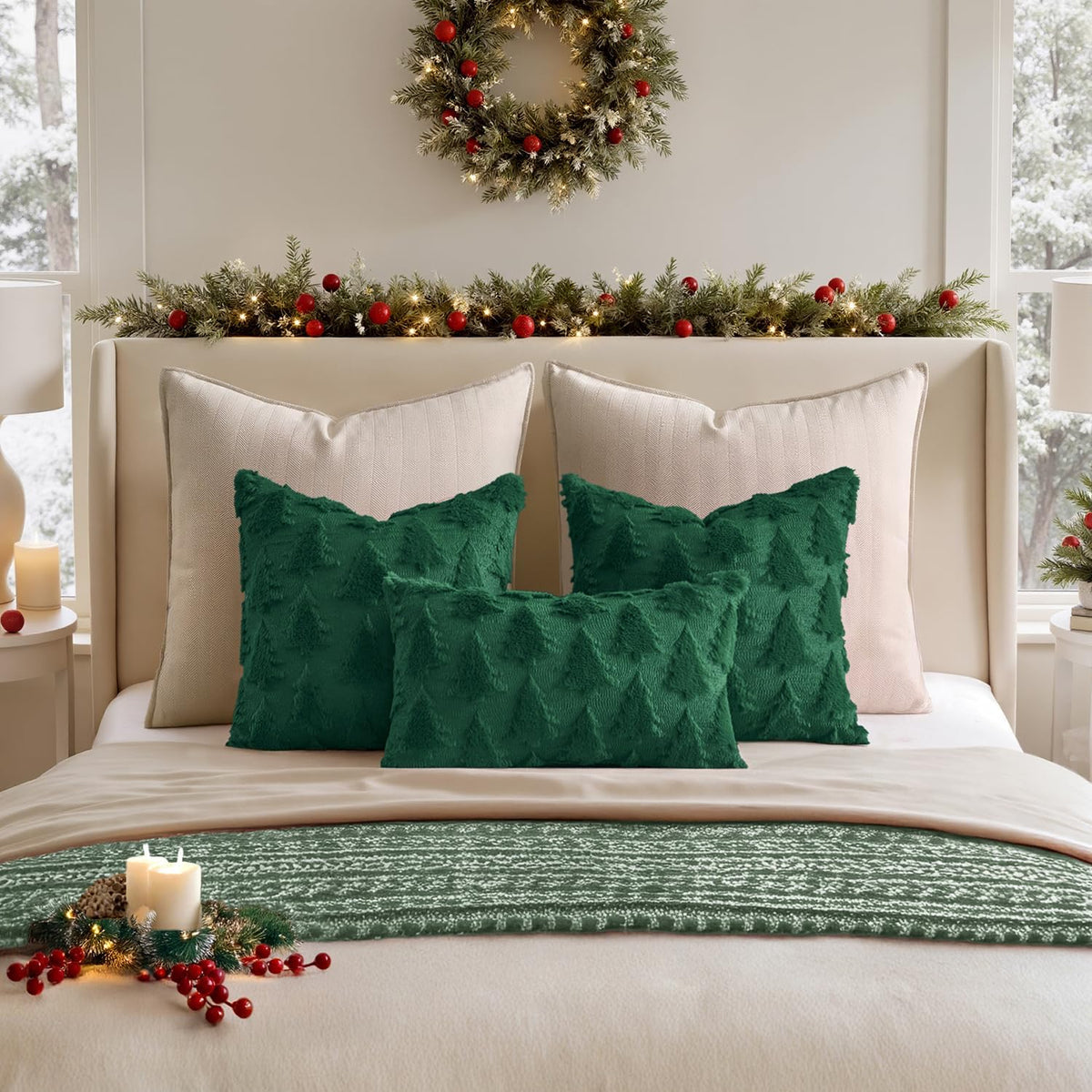 Christmas Throw Pillow Covers Dark Green Set of 2 18X18