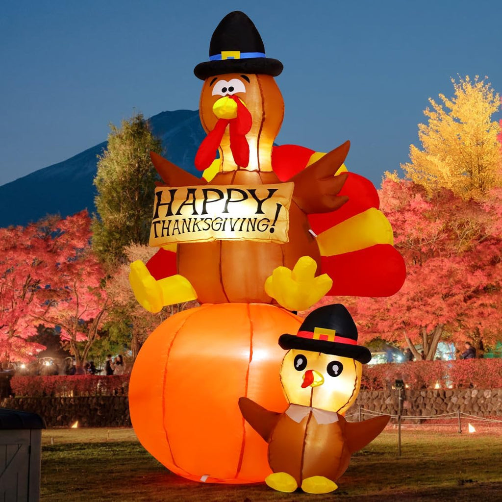 6 FT Thanksgiving Inflatables Turkey Outdoor Decorations Blow up Yard Turkey on Pumpkin with Turkey Baby with Built-In Leds for Indoor Party Garden Lawn Decor