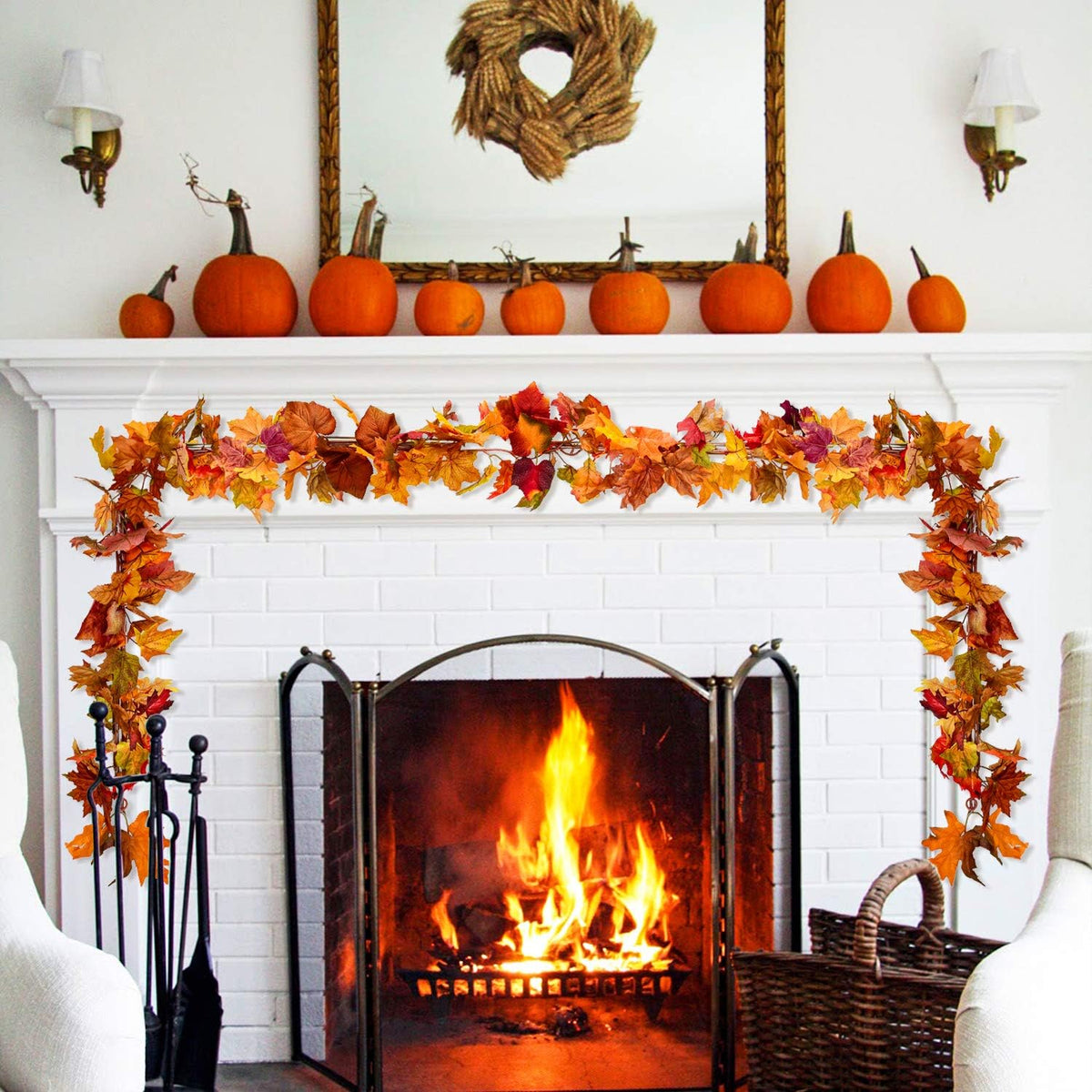 2 Pack Fall Maple Garland - 5.9Ft/Piece Artificial Fall Foliage Garland Colorful Autumn Decor for Home Wedding Party (Mixed Color)