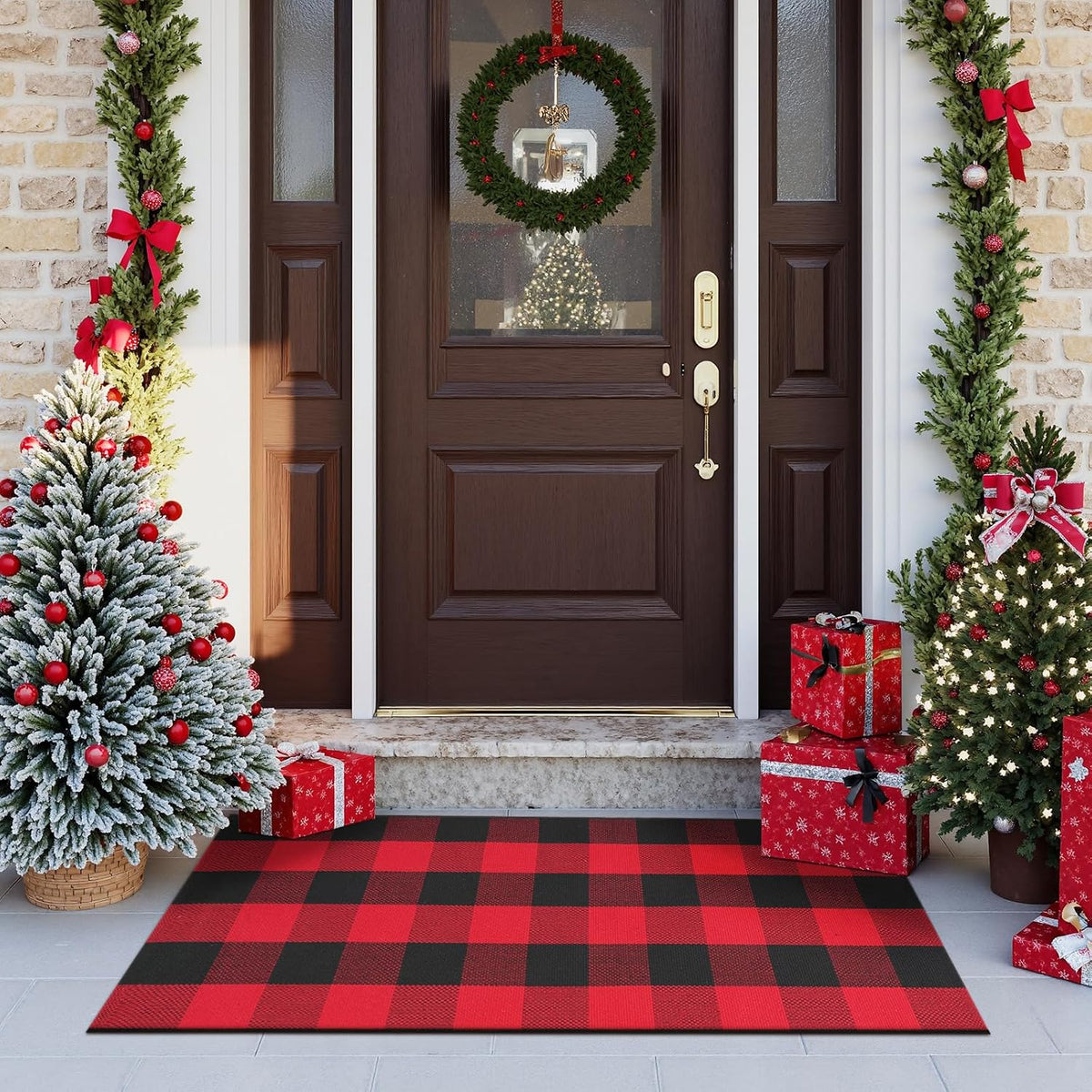 Red & Black Buffalo Plaid Christmas Door Mat, 24 x 51 Inch