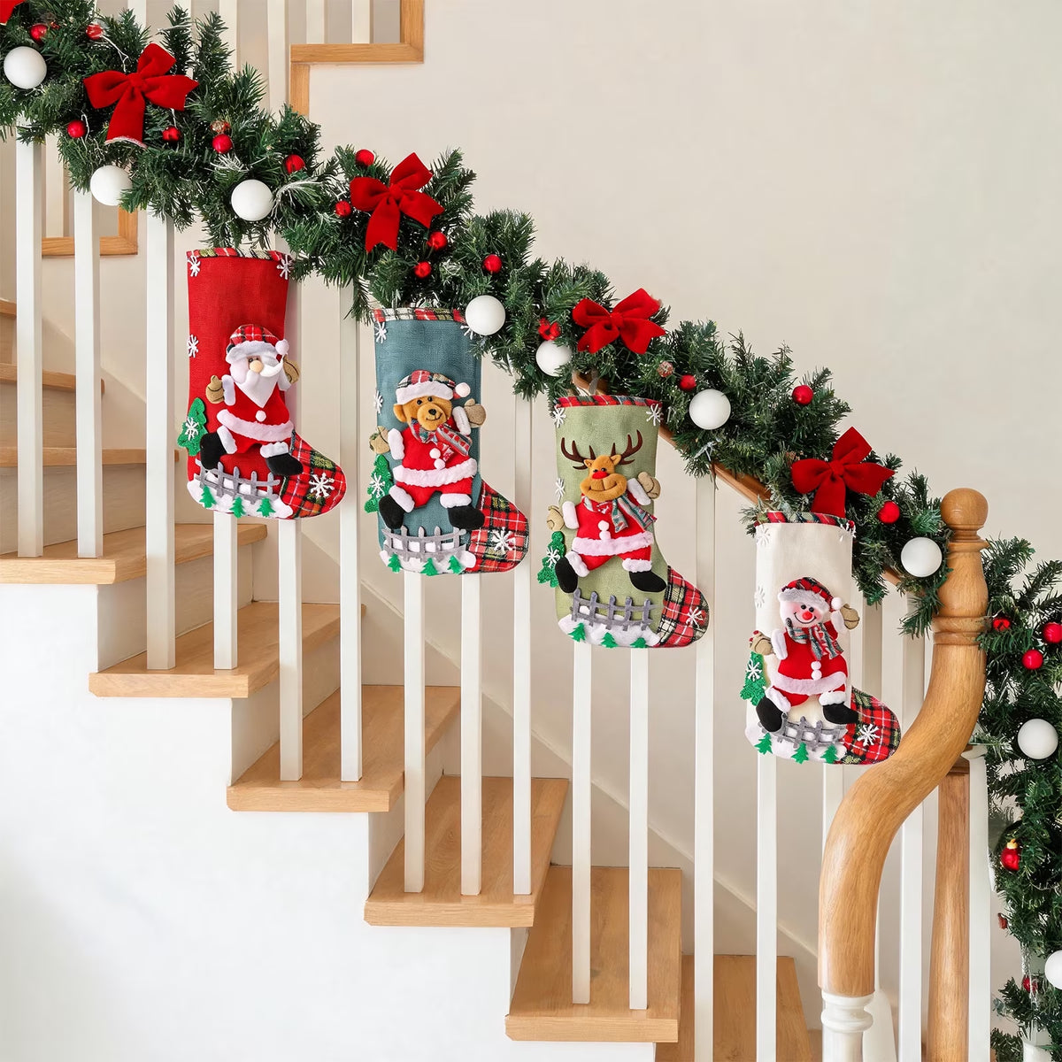 Christmas Stockings, 4 Pack 12 Inches Hanging Stockings with Santa, Snowman, Bear & Reindeer, Christmas Decorations for Family Holiday Party Decorations
