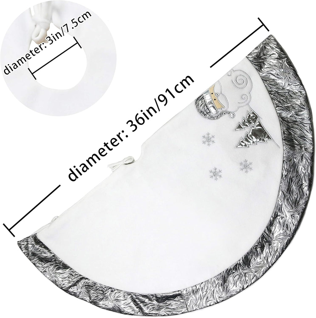 36'' Luxury Silvery Christmas Tree Skirt Santa Embroidered White Santa Claus Snowflake with Satin Border Xmas Tree Skirt Christmas Tree Ornaments Gifts