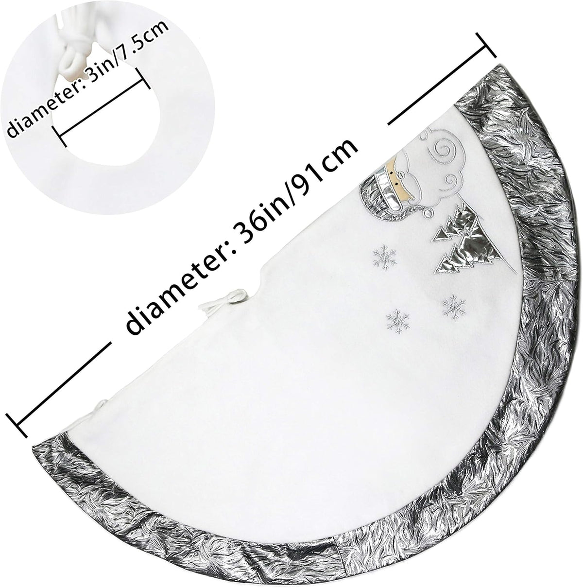 36'' Luxury Silvery Christmas Tree Skirt Santa Embroidered White Santa Claus Snowflake with Satin Border Xmas Tree Skirt Christmas Tree Ornaments Gifts