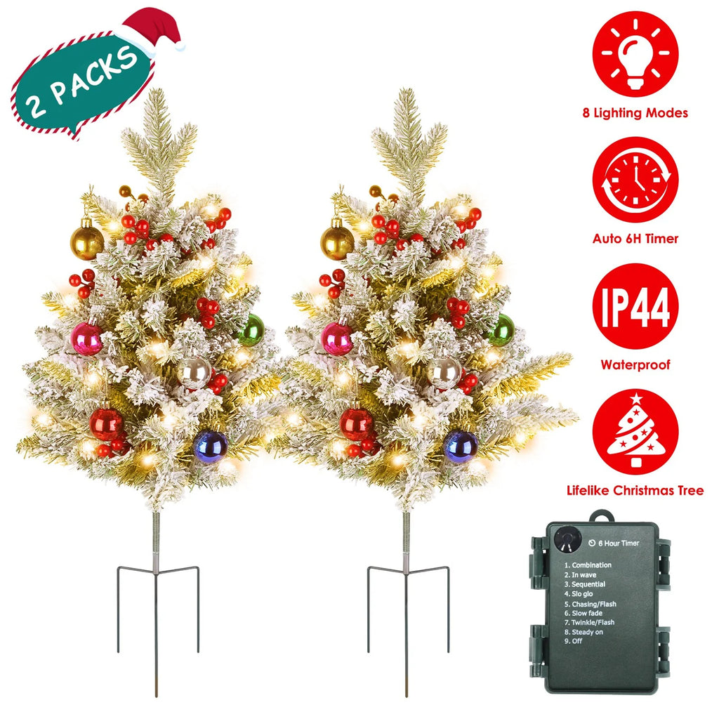 Lighted Christmas Tree Urn Fillers with Berries, Set of 2
