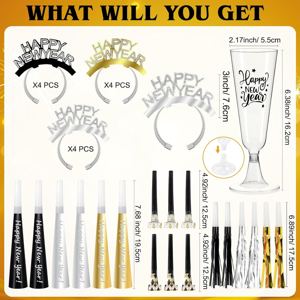 New Years Eve Party Supplies Decorations 2027, 5 Oz Disposable Champagne Flutes HAPPY NEW YEAR Headbands NYE Noise Makers, Plastic Champagne Glasses Clear Party Cups Horns New Years Eve Headband